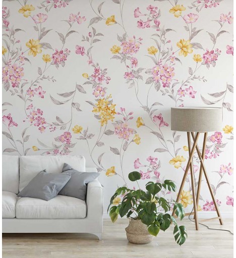 Papel de parede flores rosas e laranjas e fundo bege