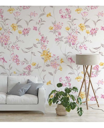 Papel de parede flores rosas e laranjas e fundo bege