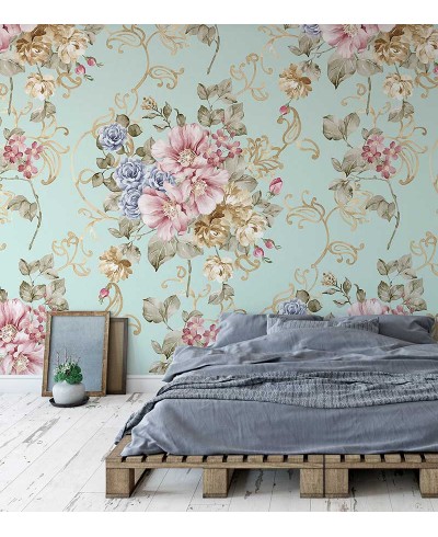 Papel de parede flores rosas e roxa com fundo verde marinho