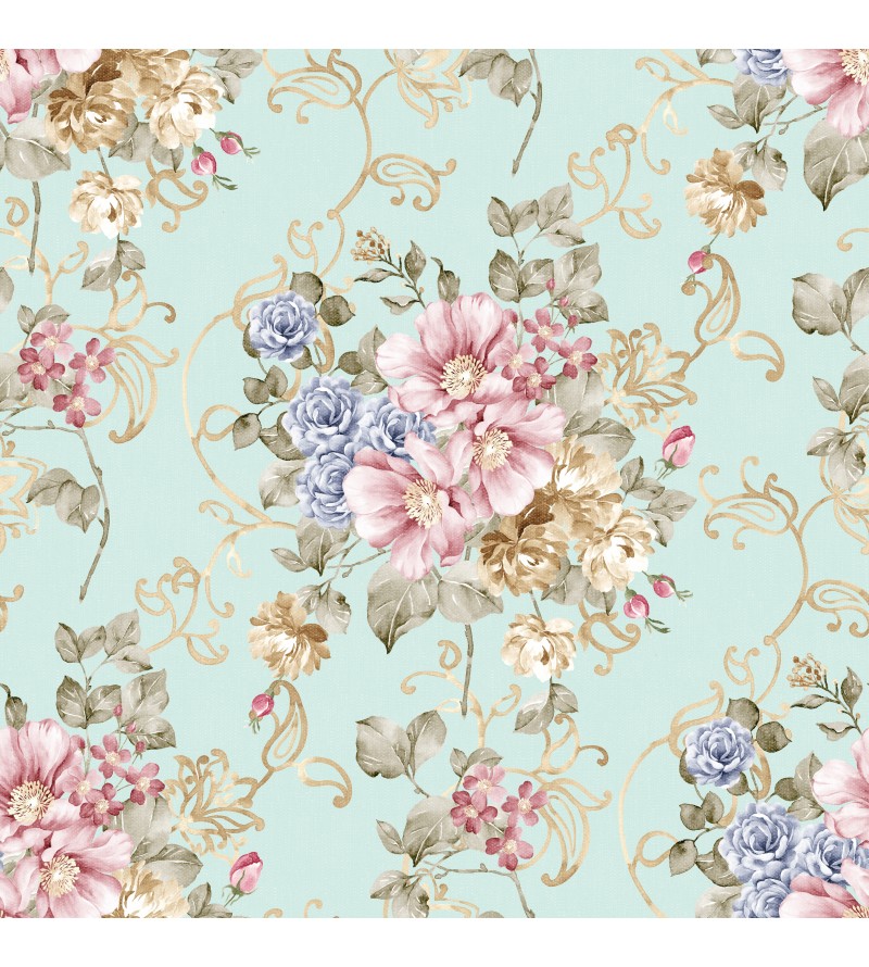 Papel de parede flores rosas e roxa com fundo verde marinho