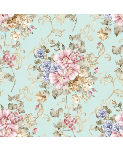 Papel de parede flores rosas e roxa com fundo verde marinho