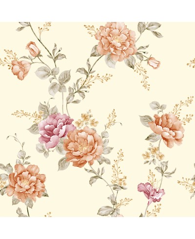 Papel de parede flores laranjas e roxas e fundo bege