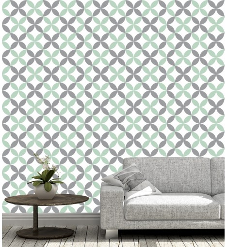 Papel de parede Flor geométrica Verde e Cinza Claro