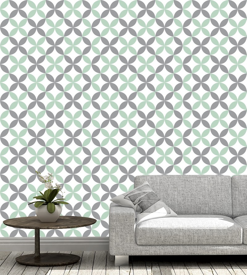 Papel de parede Flor geométrica Verde e Cinza Claro