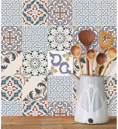 Adesivo Hidraúlico de parede fosco em tons azul, bege, marrom, cinza, e preto