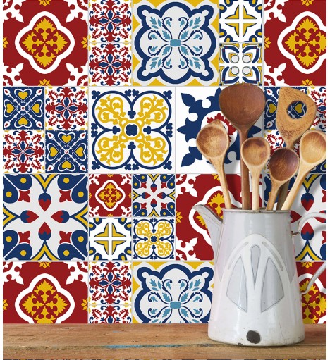 Adesivo Hidraúlico de parede fosco com detalhes em azul,vermelho, amarelo e branco