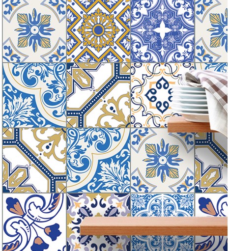 Adesivo Hidraúlico de parede fosco em tons azul, bege, amarelo e branco