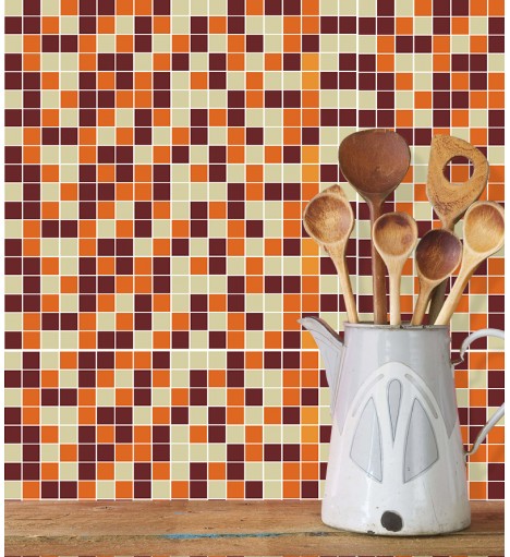 Adesivo Azulejo Pastilhas Em Tons de laranja, marrom, bege e branco