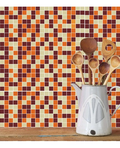 Adesivo Azulejo Pastilhas Em Tons de laranja, marrom, bege e branco