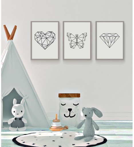 Kit Quadros coração, borboleta e diamante geométricos