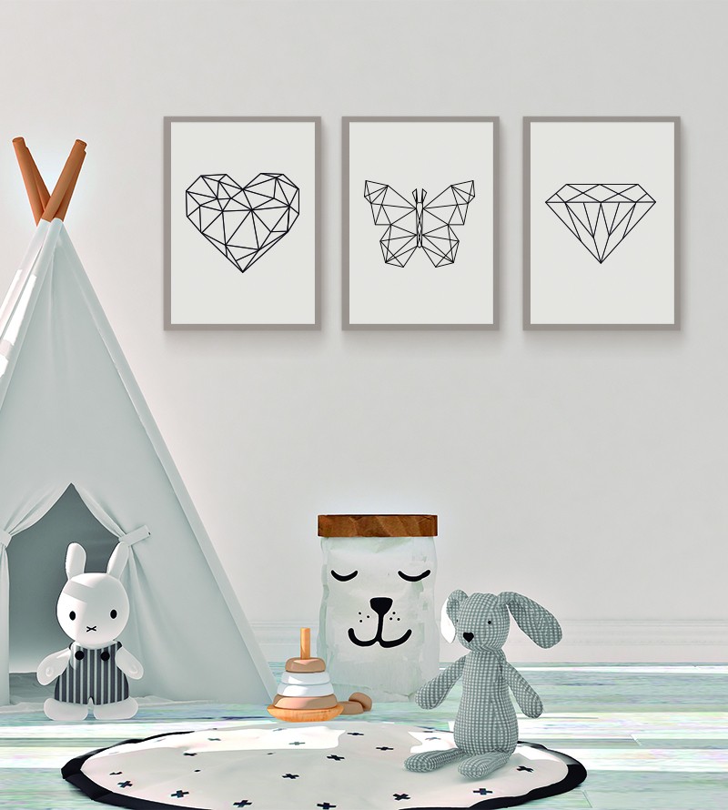 Kit Quadros coração, borboleta e diamante geométricos