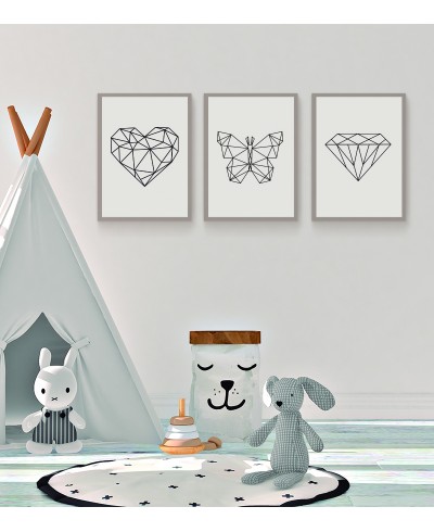Kit Quadros coração, borboleta e diamante geométricos Kit Quadros coração, borboleta e diamante geométricos