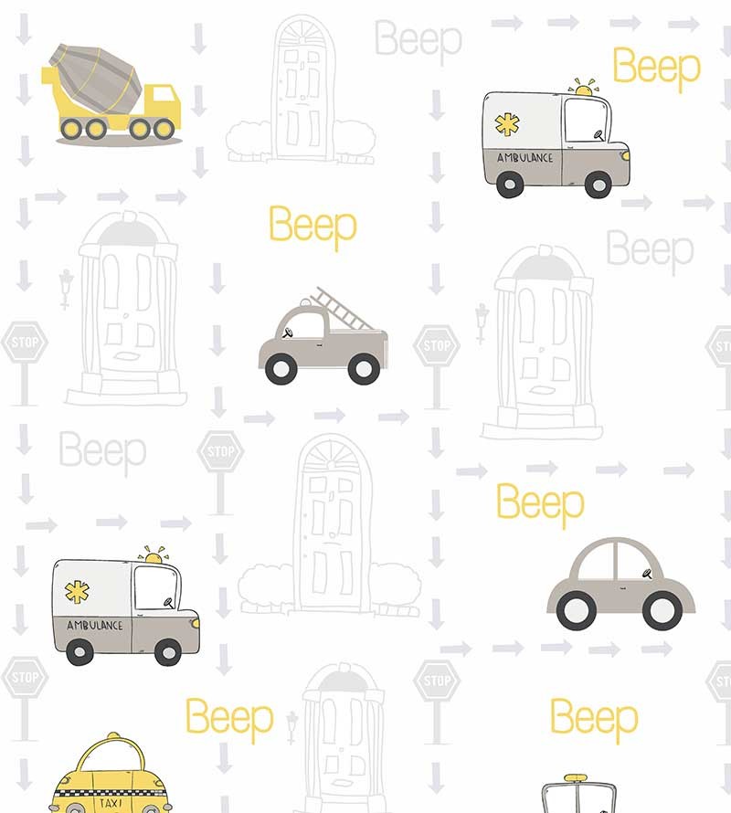 Papel de parede com Carrinhos da cidade em tons de branco