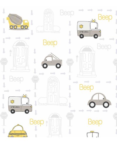 Papel de parede com Carrinhos da cidade em tons de branco Papel de parede com Carrinhos da cidade em tons de branco