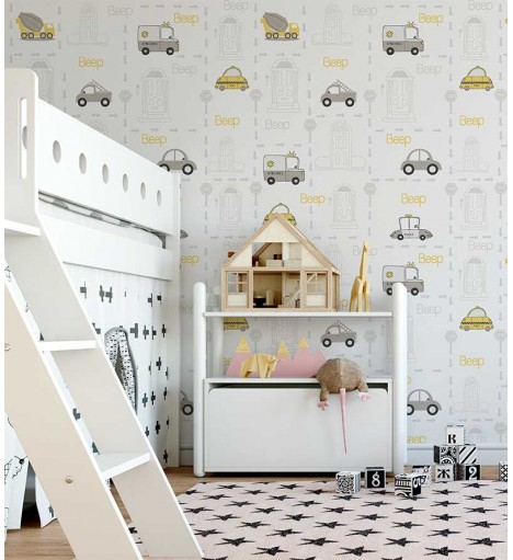 Papel de parede com Carrinhos da cidade em tons de branco