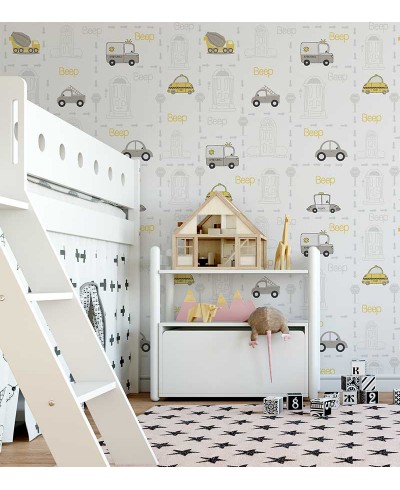 Papel de parede com Carrinhos da cidade em tons de branco Papel de parede com Carrinhos da cidade em tons de branco