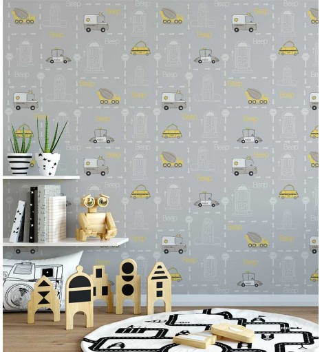 Papel de parede com Carrinhos da cidade em tons de cinza