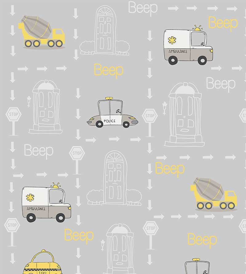 Papel de parede com Carrinhos da cidade em tons de cinza