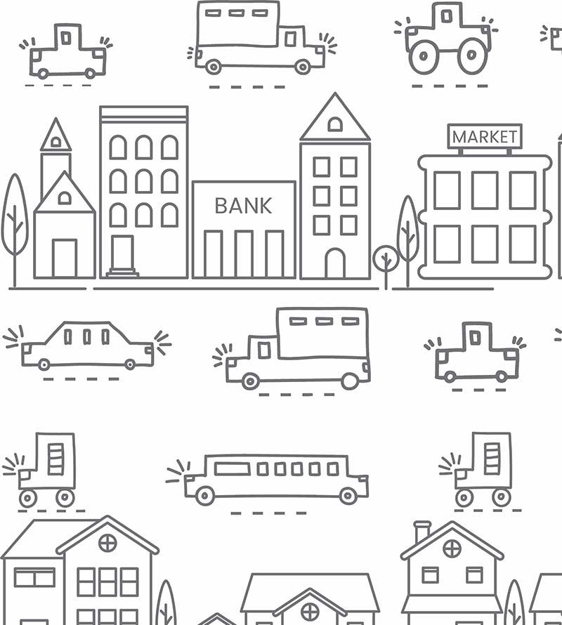 Papel de parede com Carrinhos da cidade em desenhos, em listras branco e cinza