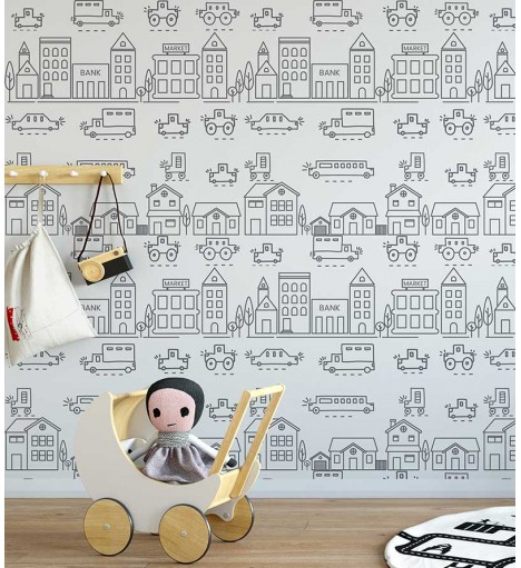 Papel de parede com Carrinhos da cidade em desenhos, em listras branco e cinza