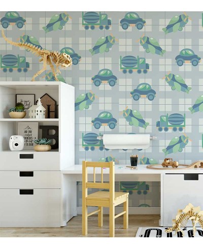 Papel de parede com Carrinhos e aviões em tons de azuis claros Papel de parede com Carrinhos e aviões em tons de azuis claros