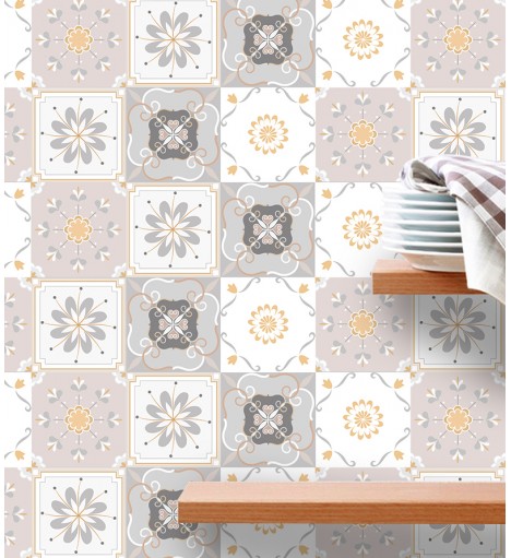 Adesivo de Parede Azulejo Hidráulico Portugues em tons de rosa, bege e branco