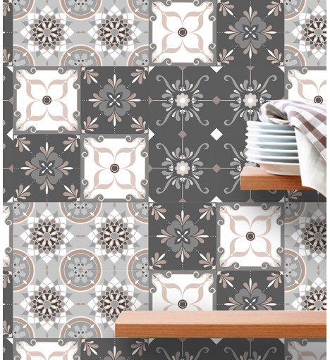 Adesivo de Parede Azulejo Hidráulico Grego em tons de cinza, bege e branco