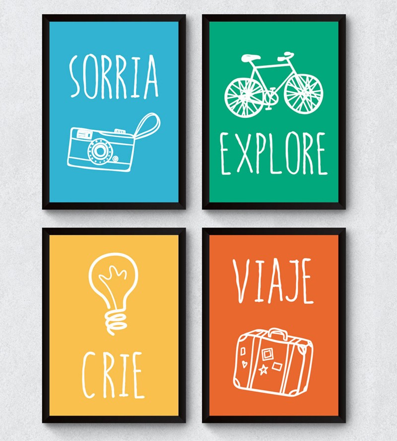 Conjunto de Quadros Decorativos "Crie, Viaje, Sorria e Explore" com moldura