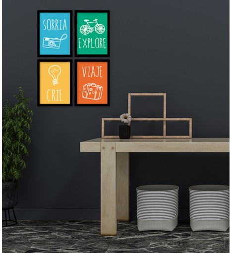 Conjunto de Quadros Decorativos "Crie, Viaje, Sorria e Explore" com moldura