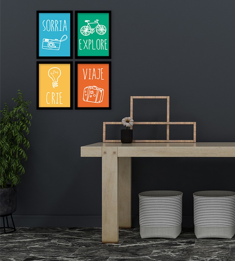 Conjunto de Quadros Decorativos "Crie, Viaje, Sorria e Explore" com moldura