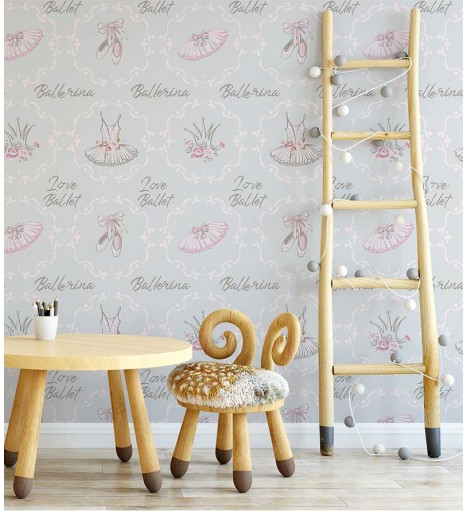 Papel de parede Com fundo em cinza claro contornos em rosa bebê e cinza escuro