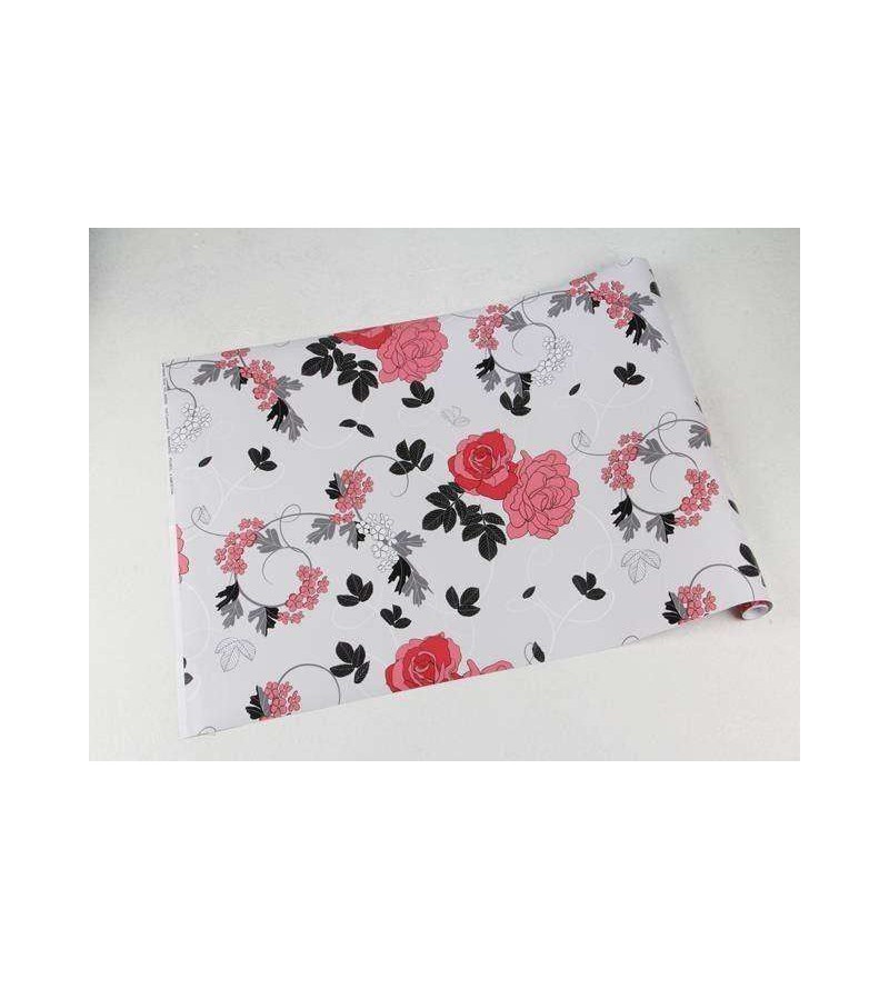 Papel de parede com fundo cinza claro, desenhos em rosa, preto, cinza e branco - Floral 103