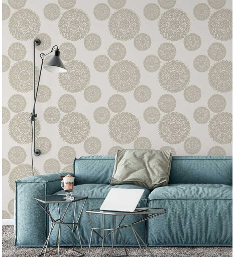 Papel de parede contemporâneo mandala. Com nuances em cinza claro e escuro.