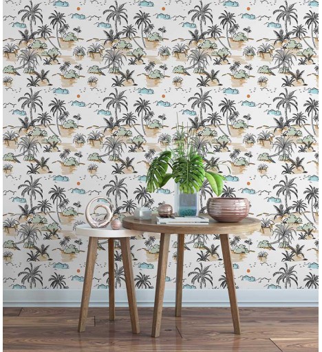 Papel de parede contemporâneo Praiano. Em tons de azul, laranja, preto, bege, verde.