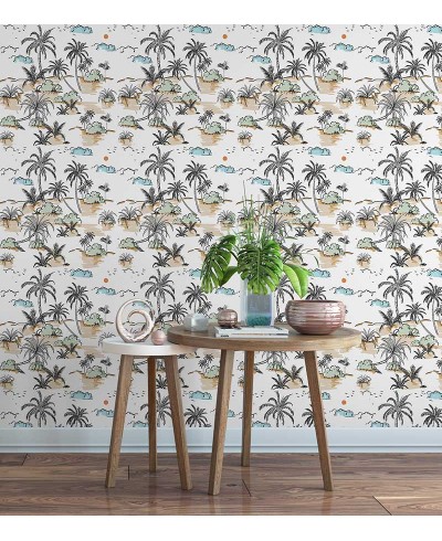 Papel de parede contemporâneo Praiano. Em tons de azul, laranja, preto, bege, verde.