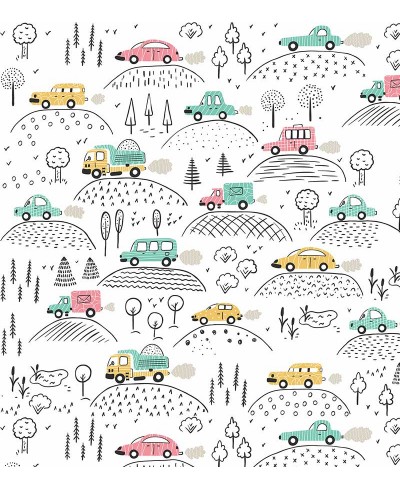 Papel de parede carros. Em tons de cinza, verde, preto, amarelo e carmim com fundo branco.