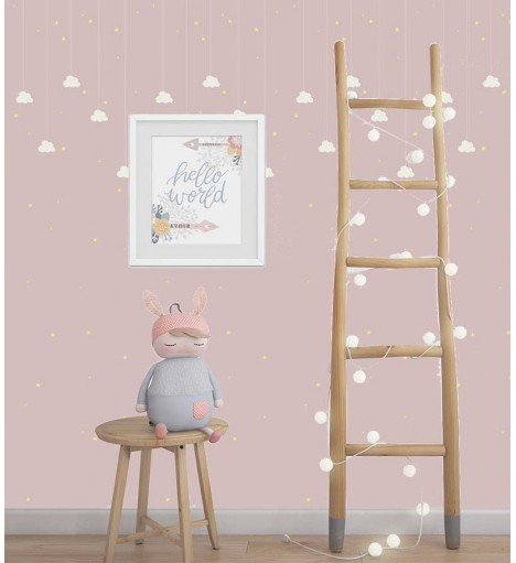 Papel de parede Estrelas, em tons de rosa, branco e amarelo