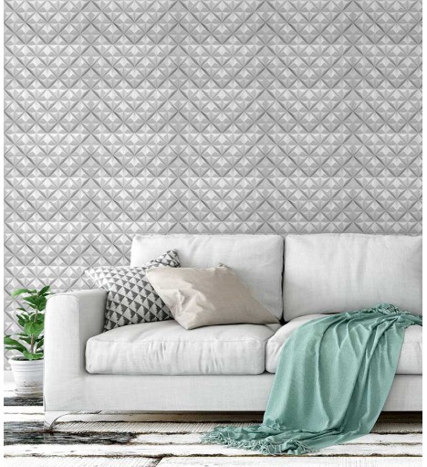 Papel de Parede 3D Estilo Pentágonos em tons de Branco e Cinza
