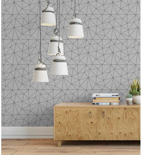 Papel de Parede Geométrico Polígonos em Tons de Cinza e Preto
