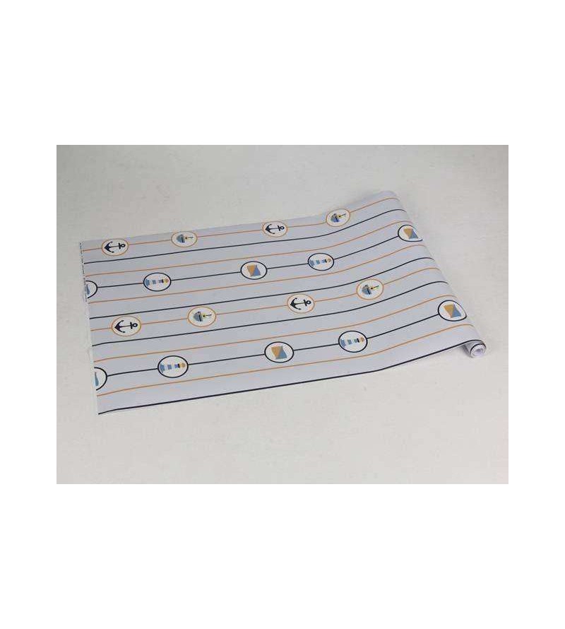 Papel de Parede com fundo em tons de azul claro, com detalhes em amarelo, azul escuro e cinza - Infantil 127