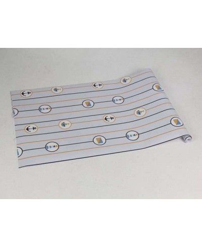 Papel de Parede com fundo em tons de azul claro, com detalhes em amarelo, azul escuro e cinza - Infantil 127