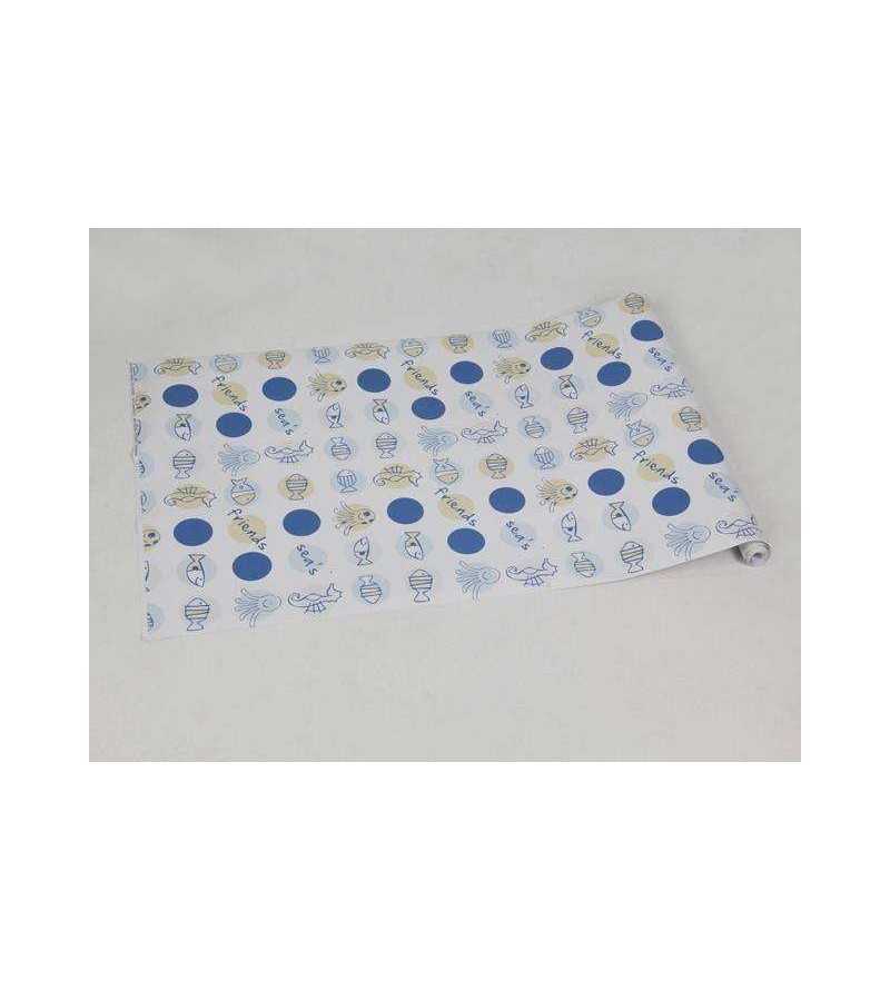 Papel de parede com fundo branco, e detalhes em azul escuro, amarelo, cinza e azul claro - Infantil 130