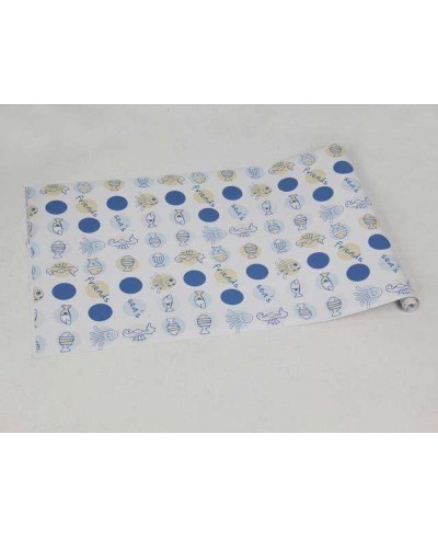 Papel de parede com fundo branco, e detalhes em azul escuro, amarelo, cinza e azul claro - Infantil 130 Papel de parede com fundo branco, e detalhes em azul escuro, amarelo, cinza e azul claro - Infantil 130