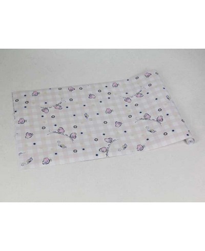 Papel de parede com fundo branco e rosa claro, com detalhes em tons de azul, amarelo e lilás - Infantil 136