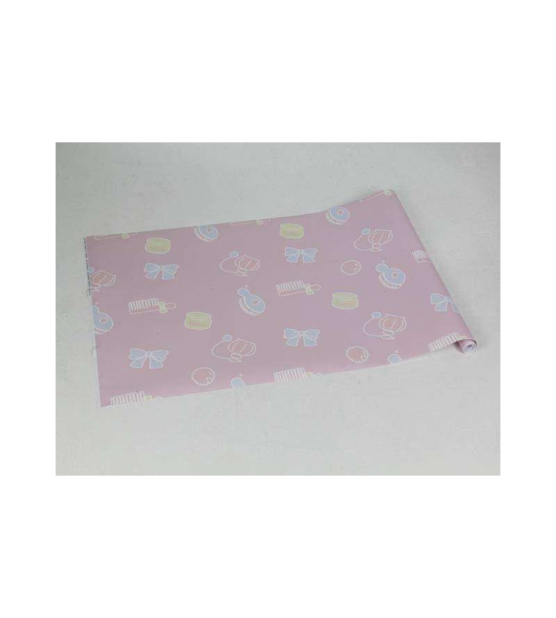 Papel de parede com fundo rosa claro, detalhes em branco e tons de rosa e marrom - Infantil 141