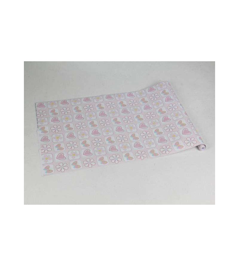 Papel de parede com fundo rosa claro, com quadrados em brancos flores e borboletas em tons de azul - 143