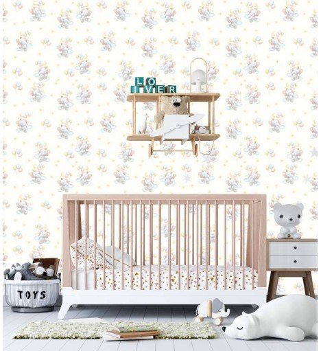 Papel de parede Baby Elefante Henry em tons de branco, cinza, azul rosa e laranja