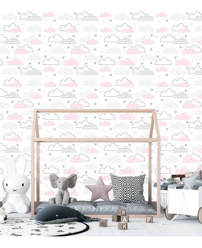 Papel de parede Baby Mia em tons de Branco, Preto, Cinza e Rosa