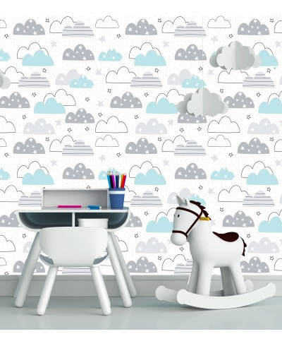 Papel de parede Baby Zuri em tons de Branco, Cinza e Azul Papel de parede Baby Zuri em tons de Branco, Cinza e Azul