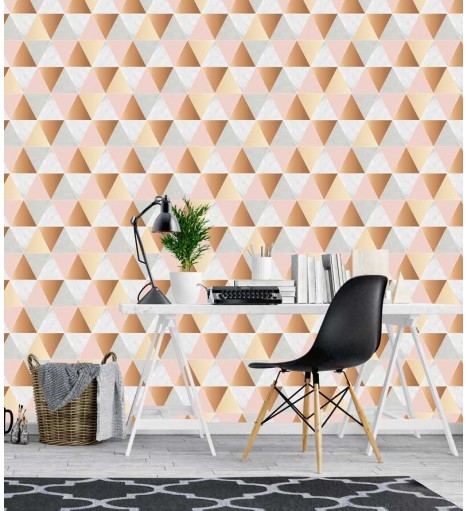 Papel de parede geométrico Verona em tons de Cinza, Rosa e Gold